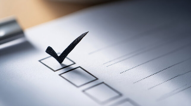Close-up of a checklist with a bold black checkmark in the first box on a white paper with blurred background
