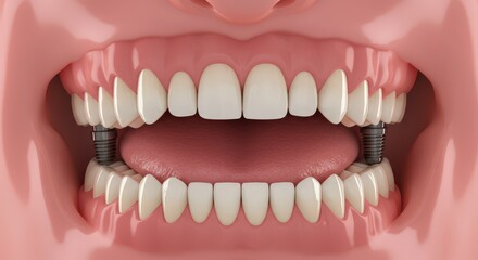 Obraz premium Close up view of a human mouth showing healthy white teeth and dental implants in the lower jaw