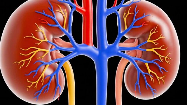 Illustration showing two kidneys with veins and arteries on a black background in anatomical detail