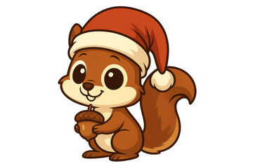 Fototapeta premium Cute christmas squirrel wearing a santa hat and holding an acorn, celebrating winter holidays