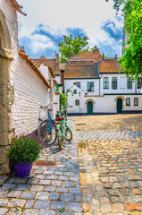 Beguinage Courtrai, Begijnhof van Kortrijk with white houses, bicycles and flowers in pot, narrow paving stone street in Kortrijk city historical centre, vertical view, belgium landmark, Belgium