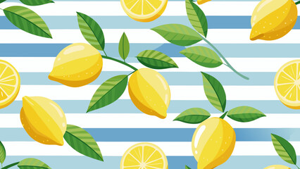 Seamless Summer Lemon Pattern with Green Leaves and Blue Stripes Background - Vibrant Citrus Fruit Tropical Wallpaper Design