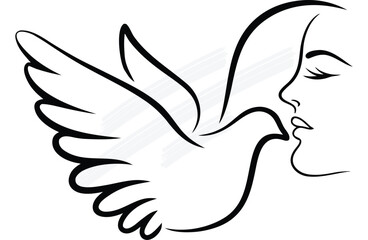 Woman's Face Kissing a Dove in Flight Line Art bird flying animal woman continuous line art