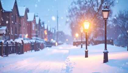 Winter street with snow and glowing lanterns