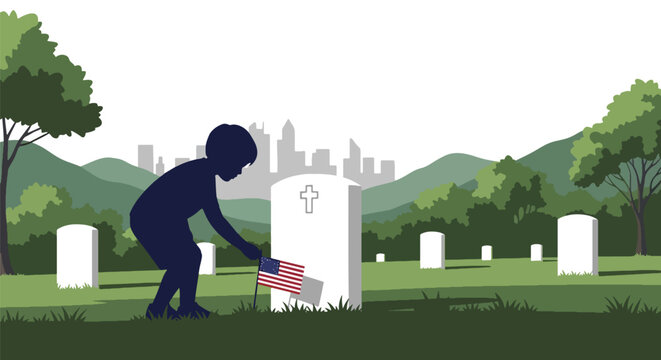 Flat vector of child placing American flag on veteran’s grave at cemetery, remembrance and gratitude on Veterans Day