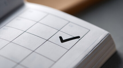 Close-up of a calendar page with a black checkmark symbolizing completed task or important date in a planner or organizer