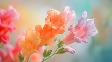 Fototapeta premium Soft focus pastel pink and orange snapdragon flowers bloom gently in a sunlit garden with a dreamy bokeh background