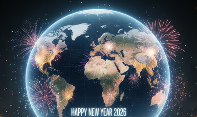 Global Midnight Celebration for a Bright 2026. A digitally illuminated Earth surrounded by brilliant fireworks welcoming a hopeful new year.