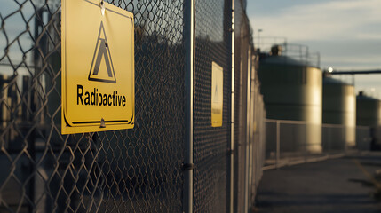 A yellow warning sign affixed to a chain-link fence with the word "Radioactive". Three large storage tanks sit in the background, emphasizing containment protocols and facility safety.