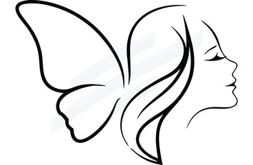 Stylized animal woman continuous line art Line Art Profile Woman with Butterfly Wings silhouette