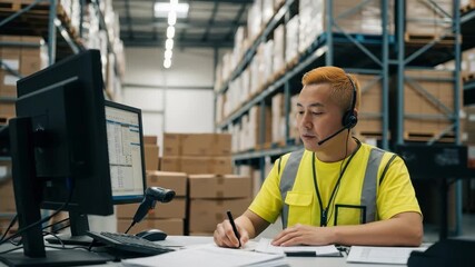 Focused warehouse worker manages inventory data on computer with headset in busy distribution center, 4k high quality - Powered by Adobe