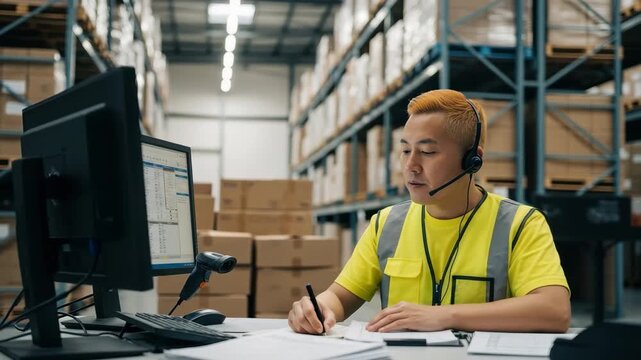 Focused warehouse worker manages inventory data on computer with headset in busy distribution center, 4k high quality - Powered by Adobe