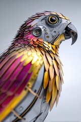 dynamic angle of a vibrant mechanical parrot robot bird with metallic feathers and mechanical parts 