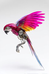 dynamic angle of a vibrant mechanical parrot robot bird with metallic feathers and mechanical parts 