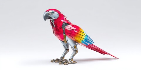 dynamic angle of a vibrant mechanical parrot robot bird with metallic feathers and mechanical parts 