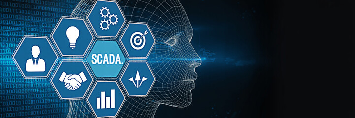 Scada system illustration with a wireframe head and icons representing business technology and automation showcasing industrial control and data acquisition in a modern design concept