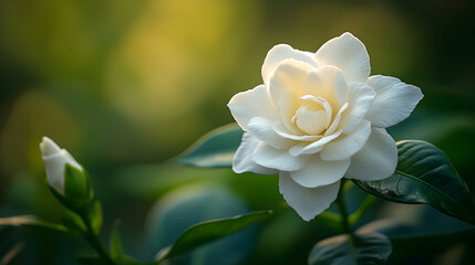 Delicate white gardenia flower in soft sunlight with a bud and blurred green foliage background