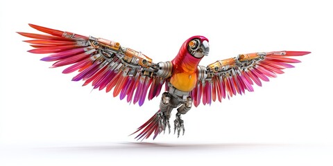 dynamic angle of a vibrant mechanical parrot robot bird with metallic feathers and mechanical parts 