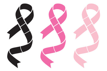 Vector set of Breast Cancer Awareness Ribbons (pink, light pink, black). Ideal symbol for solidarity, health campaigns, and fundraising during October and year-round.