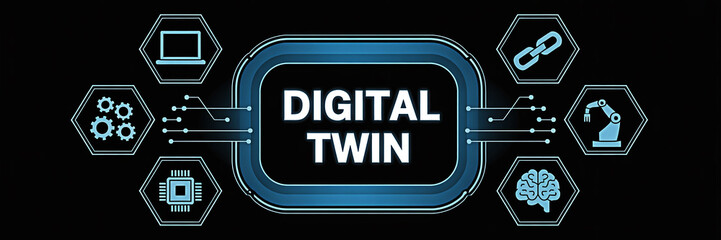 Digital twin concept illustration showcasing technology and connectivity featuring icons representing laptop gears chip link robot arm and brain on a black background