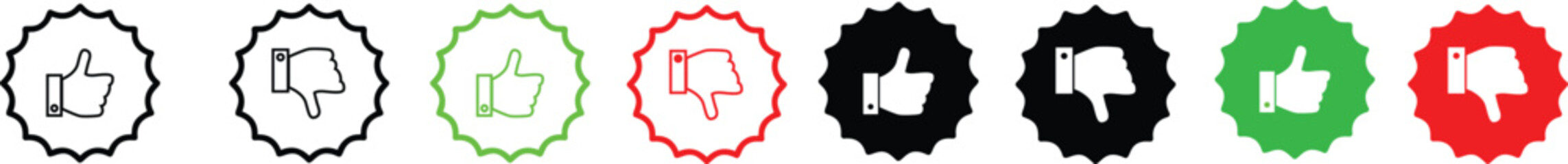Thumbs up and down rating icon vector set. perfect for user feedback, social media, or opinion polls. featuring outline and filled styles in multiple colors.