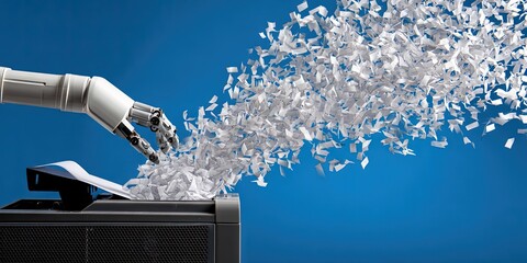 Generative AI concept with artificial intelligence robot shredding books and shreds flying out