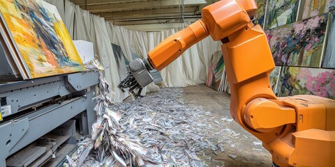 Generative AI concept with artificial intelligence robot shredding books and shreds flying out