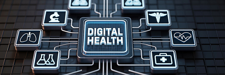 Digital health concept featuring medical icons connected to a central processing unit representing technology innovation and healthcare solutions for modern medicine and patient care advancements