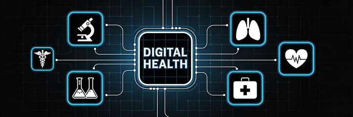 Digital health concept featuring medical icons such as microscope lungs heart first aid kit and lab beakers connected to a central digital health hub on a dark blue background