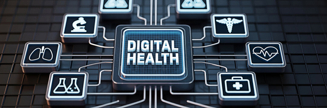 Digital health concept featuring medical icons connected to a central processing unit representing technology innovation and healthcare solutions for modern medicine and patient care advancements - Powered by Adobe