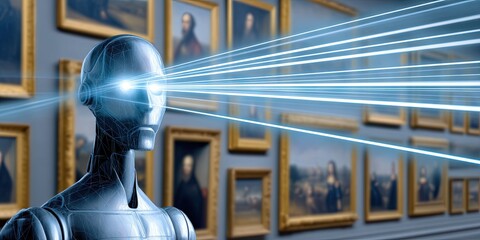 Generative AI concept with artificial intelligence robot scraping creative works by scanning artworks in a museum with lasers