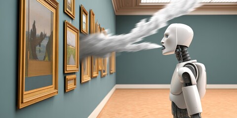 Generative AI concept with artificial intelligence robot scraping creative works by scanning artworks in a museum with lasers