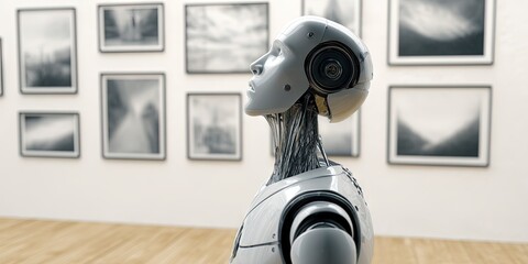 Generative AI concept with artificial intelligence robot scraping creative works by scanning artworks in a museum with lasers