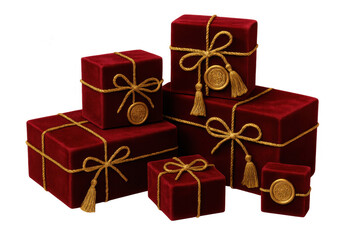 Velvet red gift boxes with gold ribbon and wax seals representing luxury presents and celebration