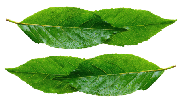 Two vibrant green leaves, slightly overlapping, with a light, speckled pattern