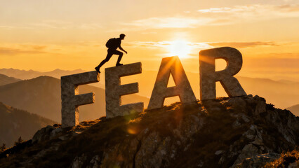 Determined man hiker silhouette stepping over FEAR letters on a mountain peak at golden hour sunset, symbolizing courage, personal growth, and overcoming challenges.
