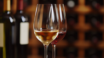 Elegant wine glasses filled with red and white wine, set against a backdrop of dark wine bottles, creating a sophisticated and inviting ambiance for wine tasting.