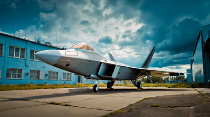A fighter jet is parked on a runway in front of a blue building with a cloudy sky in the background
