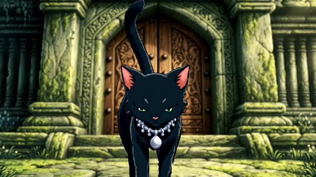 Animated black cat standing before an ornate wooden doorway