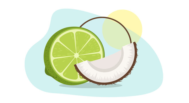 Fresh Lime Slice And Coconut Composition On Abstract Background Display