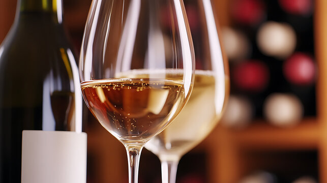 Elegant wine glasses filled with crisp white wine, set against a backdrop of a well-stocked wine rack. The perfect pairing for any occasion and celebration.