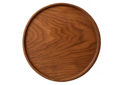 Round wood serving tray with natural walnut grain texture, empty rustic kitchen item, top view on transparent background