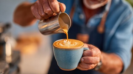 Barista pouring latte art in a blue cup
