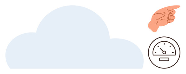 Cloud icon with performance gauge and hand gesture symbolizes technology, speed, measurement, and direction. Ideal for cloud services, data efficiency, tech strategy, performance metrics, energy