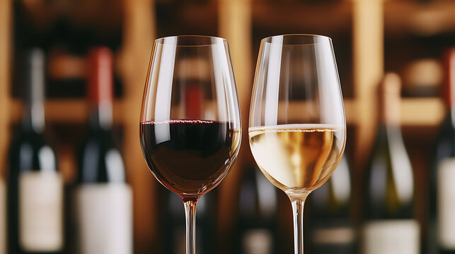 Two wine glasses, one with red wine and the other with white wine, stand elegantly against a blurred backdrop of wine bottles in a cellar. Perfect for wine enthusiasts.