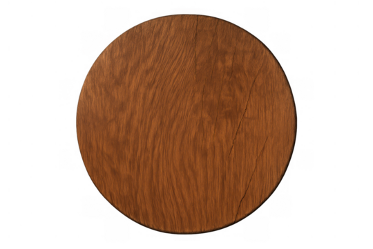 Round wooden cutting board or pizza plate with rich brown grain texture on a clean transparent background
