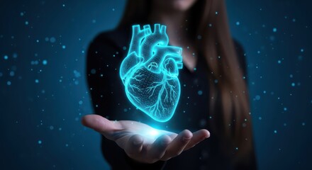 Woman Holding a Glowing Holographic Human Heart Icon Representing Digital Health, Cardiology, and Medical Technology
