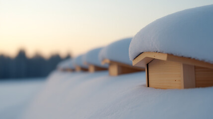 A pristine winter landscape showcases snow-laden wooden structures. The gentle light casts a soft glow, highlighting the serene beauty of the snow-covered scenery.