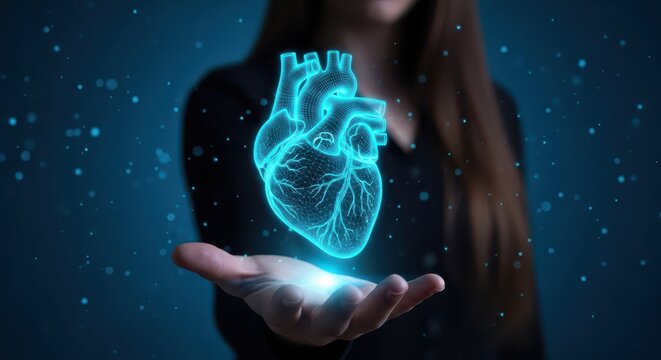 Woman Holding a Glowing Holographic Human Heart Icon Representing Digital Health, Cardiology, and Medical Technology