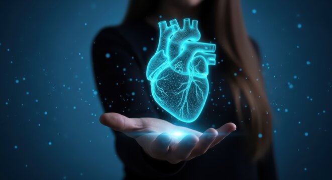 Woman Holding a Glowing Holographic Human Heart Icon Representing Digital Health, Cardiology, and Medical Technology - Powered by Adobe